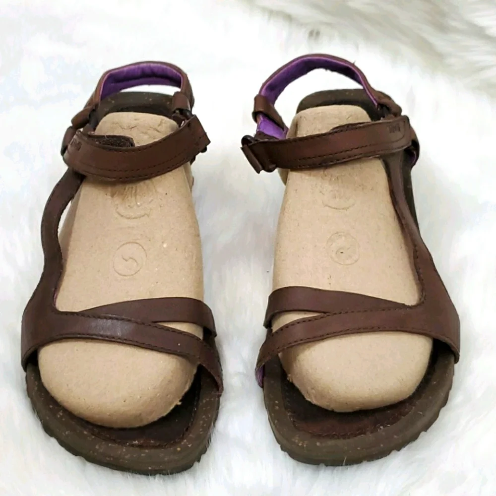 Teva Platform Sandals Brown Leather Velcro Womens Size 9